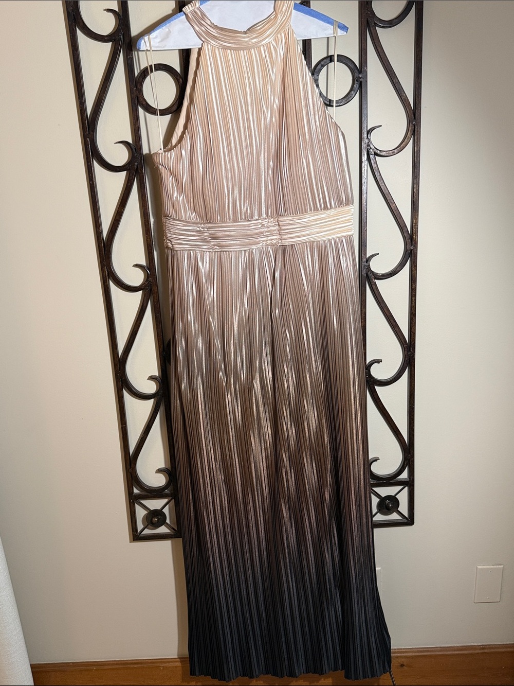 R&M Richards Pleated Ombre Halter Maxi Dress - Champagne to Black